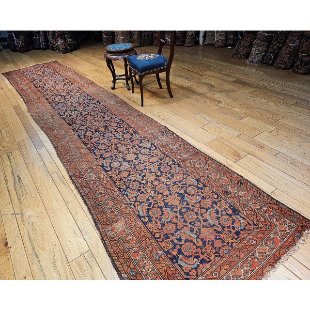 19th Century Persian Malayer Runner Rug, Hand-Knotted Wool, Geometric Pattern, 4x 16, Rust-Red & Blue For Sale - Image 4 of 16
