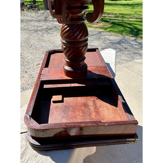 Antique Flame Mahogany, Regency-Style, Flip-Top, Rotating, Game Table, W/Hidden Drawer, Carved Pedestal, Brass Claws and Casters. C1810 to 1820 For Sale - Image 9 of 12