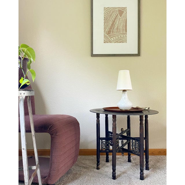 Industrial Industrial Moroccan Side Table With Round Raw Steel Top + Weathered Folding Base For Sale - Image 3 of 16