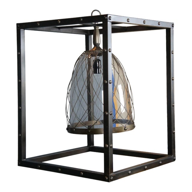 Vintage Karlin Industrial Nested Cage Glass Bell Pendant Light For Sale