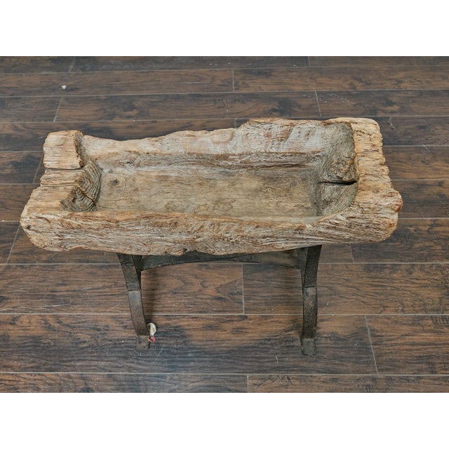 Brown Rustic Mid-Century Wooden Trough Accent Table on Custom Iron Base For Sale - Image 8 of 12