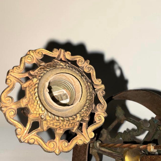 1920s 1920s Arts and Crafts, Art Deco Polychrome, Iron and Wood Chandelier For Sale - Image 5 of 9