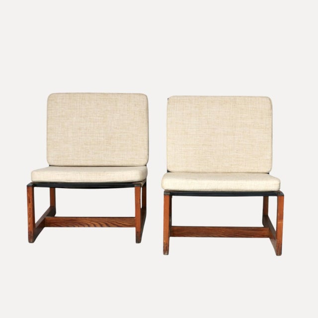 Lounge Chairs with Wooden Frames, Fabric Strap Seats, Metal Slat Backrests and Beige Upholstery France, 1950s, Set of 2,...