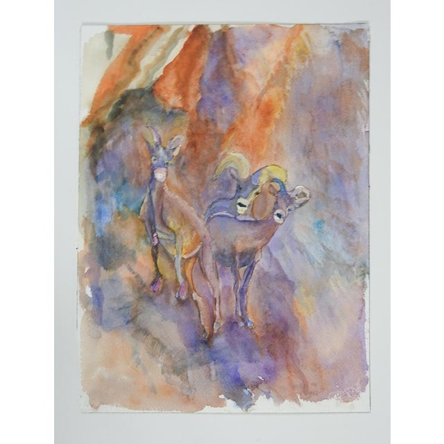 Late 20th century watercolor on paper fauvist painting of curious mountain goats. Unsigned. Unframed.