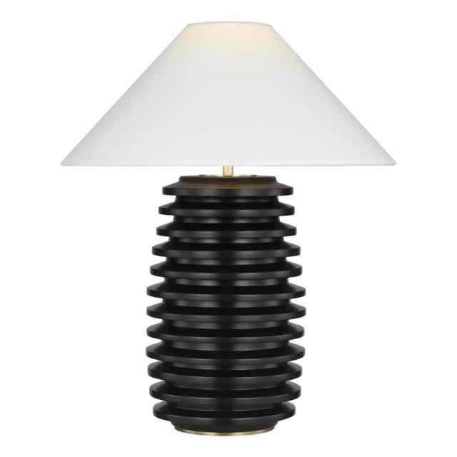 Kelly Wearstler by Visual Comfort Signature Crenelle 27" Stacked Table Lamp in Ebonized Birch with Linen Shade For Sale