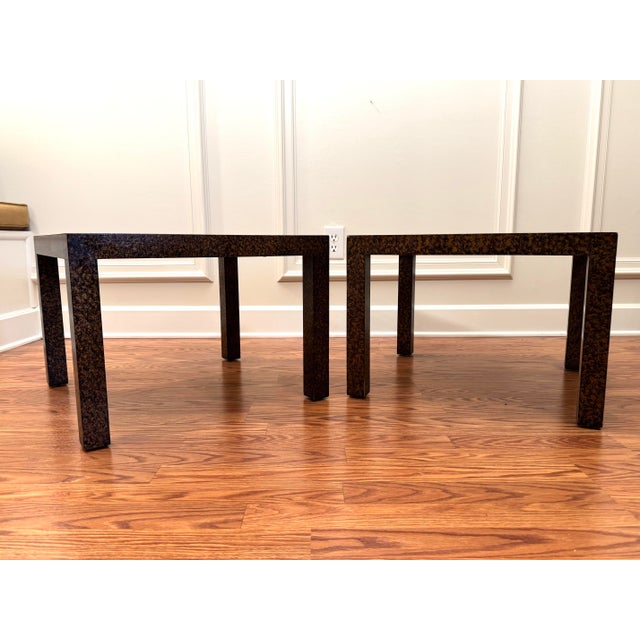 Mid 20th Century Mid 20th Century A Pair of Henredon Hollywood Regency Faux Tortoise Shell Parson Solid Wood Side Tables in Mottled Brown & Amber For Sale - Image 5 of 12