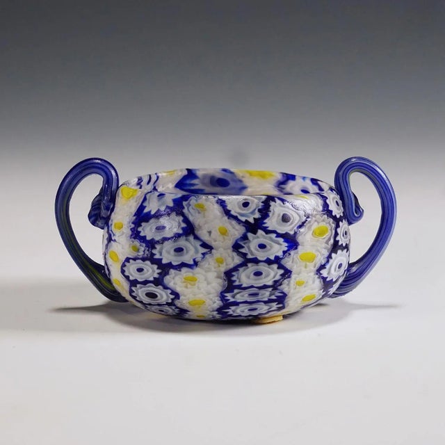 Glass Antique Millefiori Bowl in Blue, Yellow and White, Fratelli Toso Murano 1910 For Sale - Image 7 of 7