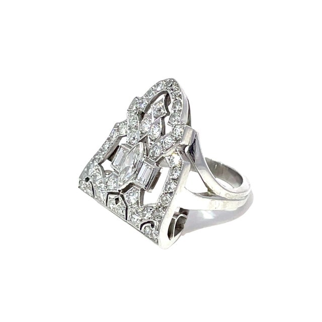 Metal Antique 14k White Gold Art Deco Cocktail Ring With 1.5 CTW Diamonds, Size 4.5 For Sale - Image 7 of 10