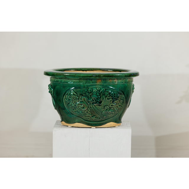 Late 20th Century Large Chinese Green Glazed Planter with Dragon Relief and Decorative Motifs For Sale - Image 5 of 18