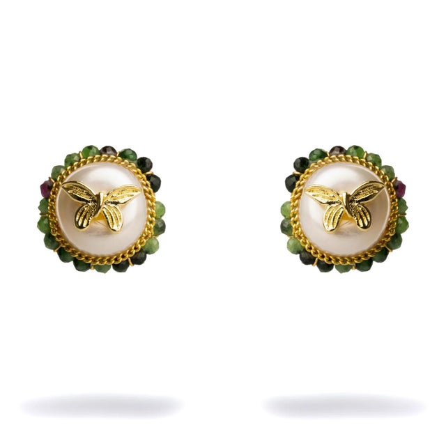 Metal Jade Halo Pearl & Gold Butterfly Stud Earrings, A Pair For Sale - Image 7 of 7