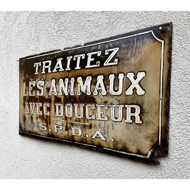 Rustic Antique Belgian Embossed Enamel Animal Protection Sign, 1905 For Sale - Image 3 of 11