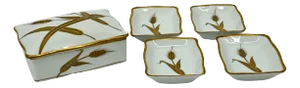 Vintage Fujiyama Porcelain Box and Dishes Set of 5 Gold Wheat
