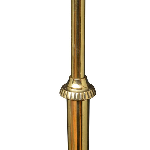 Elegant Arts and Crafts brass standard lamp with height adjustable column and fluted circular base terminating in 3 fluted...