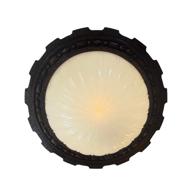 Antique Hammered Bronze Chandelier With Moonstone Cast Glass Dome For Sale - Image 4 of 8