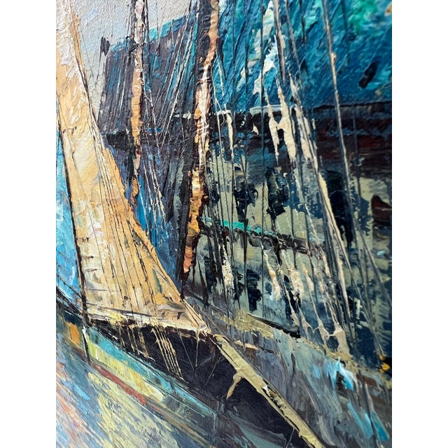 This impressionist painting on canvas of a harbor scenes features moored boats. Beautiful colors of paint with heavy...