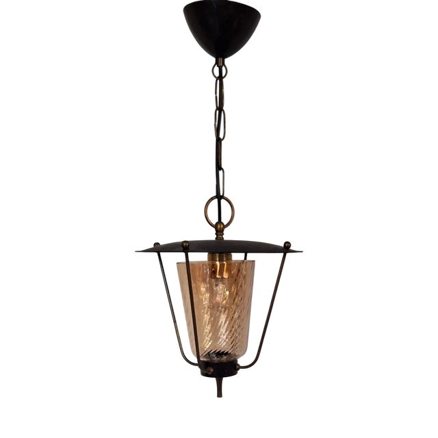 Mid-Century German Pendant Lamp in Black Metal with Brass Brackets, 1960s For Sale