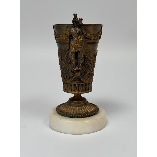 Neoclassical Bronze Trophy Cup With Battle Relief on Marble Base – 5" W X 7" T For Sale - Image 4 of 8