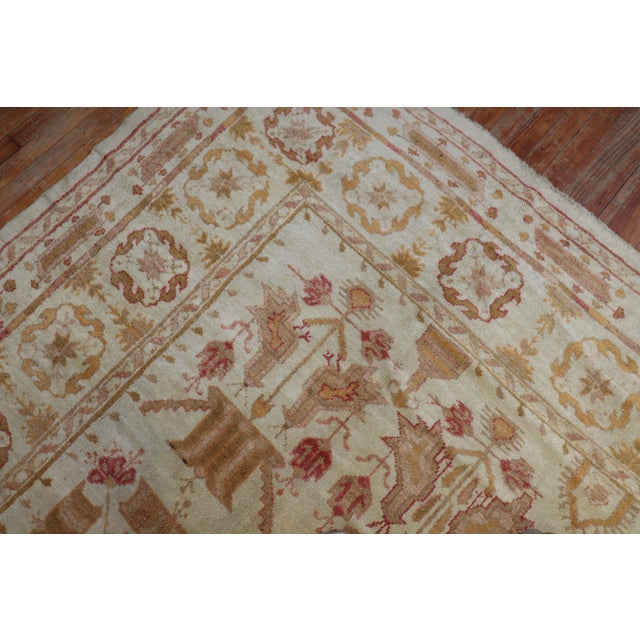 Folk Art Antique Zabihi Collection Pictorial Ivory Oushak Rug - 9'2" x 15'2" For Sale - Image 3 of 12