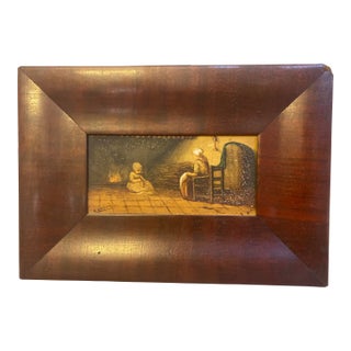 Antique Dutch Painting on Tile of Mother and Child by Hearth by Albert Neuhuys For Sale