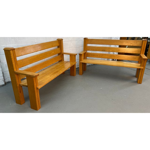 Mission Pair of Mission-Style Solid Oak Slat Benches For Sale - Image 3 of 18