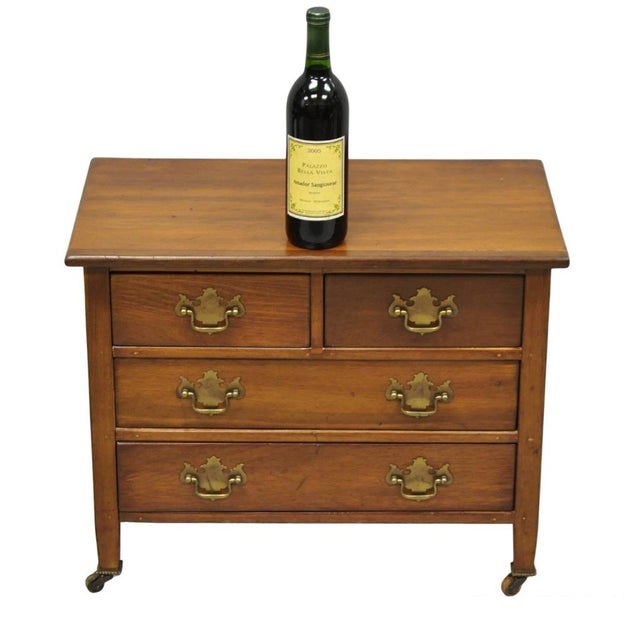 Antique Walnut Miniature Salesman Sample Small Chippendale Style Dresser Chest of Drawers. Item features 4 drawers, brass...