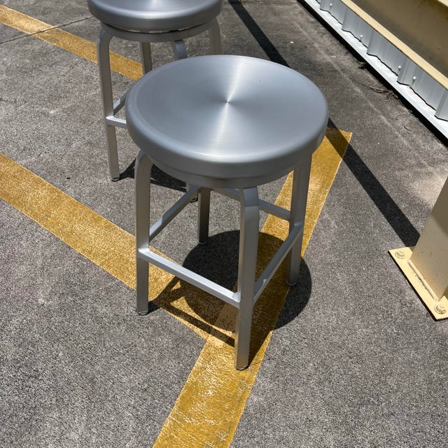 Industrial Style Brushed Aluminum Swivel Bar Stools by Crate & Barrel. A Pair For Sale - Image 10 of 12