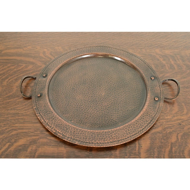 A gorgeous Arts & Crafts period hand hammered copper large serving tray with handles By Roycroft (signed with impressed...