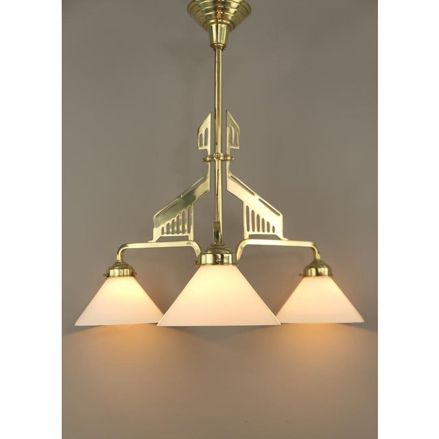 1930s Art Deco Brass Chandelier with Opal Glass Shades, Vienna, Austria, 1925 For Sale - Image 5 of 8