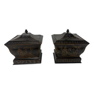 Pair, Japanned Chinoiserie Tea Caddies W/ Sifter Drawers, English C. 1830 For Sale