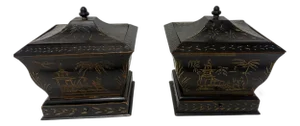 Pair, Japanned Chinoiserie Tea Caddies W/ Sifter Drawers, English C. 1830