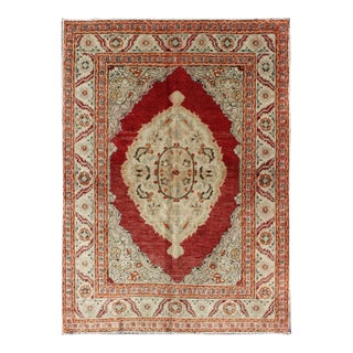 Antique Oushak Rug With Floral Medallion in Light Green, Ivory, Taupe & Red For Sale
