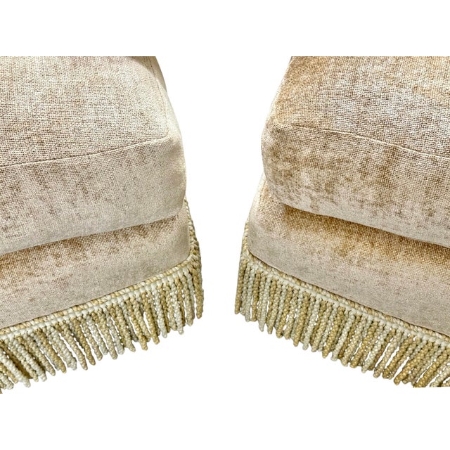 Champagne Pair of Custom Champagne Chenille Lounge Chairs With Bullion Fringe For Sale - Image 8 of 8