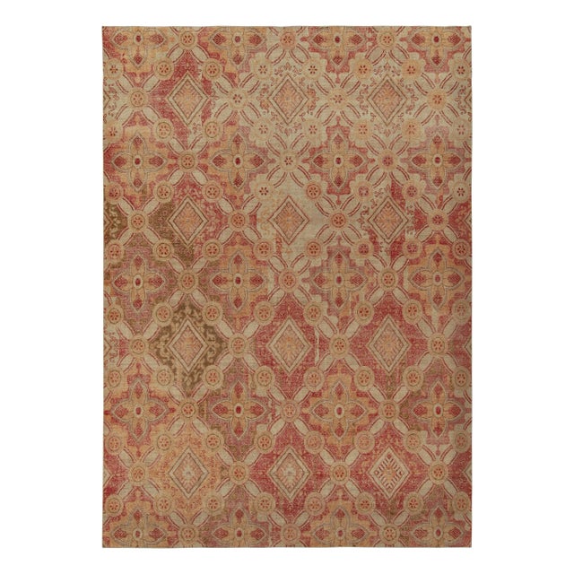 Textile Rug & Kilim’s Distressed Style Rug in Red, Gold and Beige-Brown Trellises For Sale - Image 7 of 7