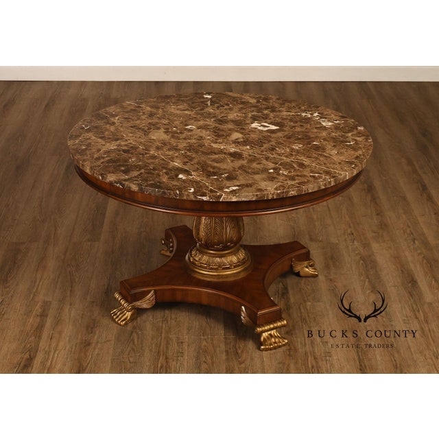 High Quality American Made Round Dining Table By Drexel Heritage Featuring A Brown Marble Top Over A Carved Pedestal Base....