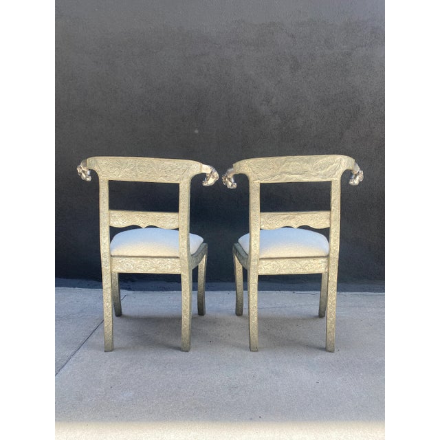 1990s 1990s Vintage Anglo Indian Floral Embossed Rams Head Dowry Chairs - a Pair For Sale - Image 5 of 11