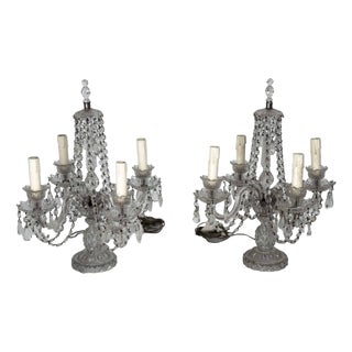Maria Theresa Crystal Candelabra Table Lamps, Italy, 1940s, Set of 2 For Sale