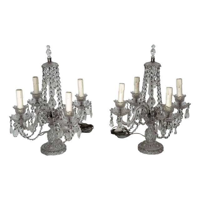 Maria Theresa Crystal Candelabra Table Lamps, Italy, 1940s, Set of 2 For Sale