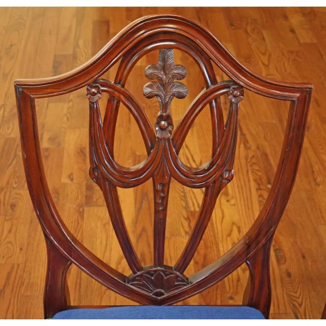 1990s Set of 8 Regency Style Solid Mahogany Fleur-De-Lis Blue Fabric Dining Chairs For Sale - Image 17 of 18