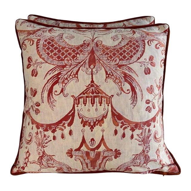 Pair of Authentic Fortuny Pillows in the Mezzano Pattern With Velvet Backs For Sale