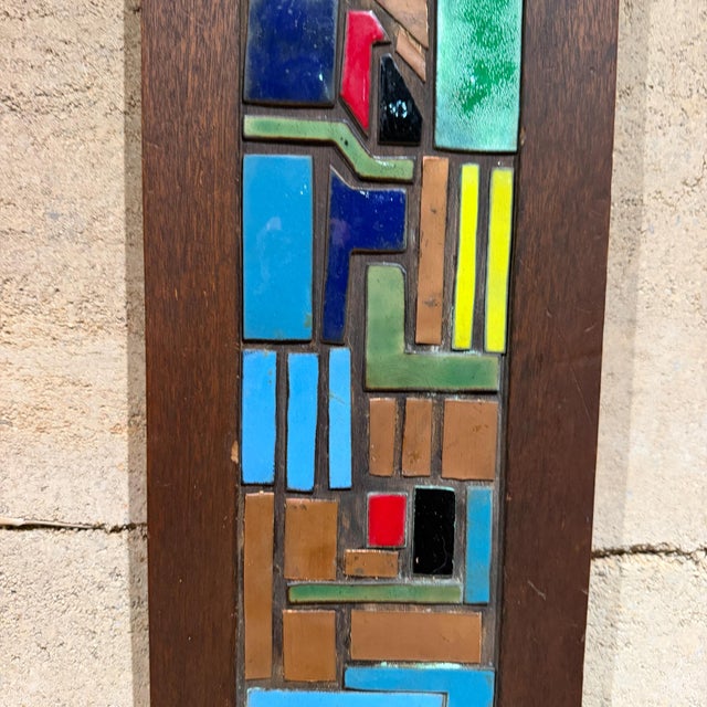 Brown 1970s Vertical Wooden Wall Art Colorful Geometric Enamel Copper Inlay For Sale - Image 8 of 10