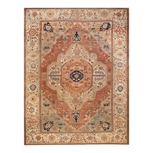 1880s Ivory Salmon Medallion Antique n.w. Persian Serapi Rug 116" X 15'10" Handknotted Wool Carpet For Sale