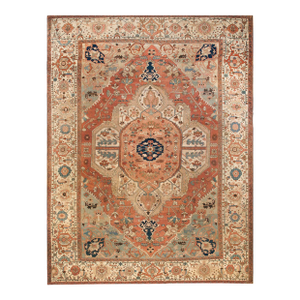 1880s Ivory Salmon Medallion Antique n.w. Persian Serapi Rug 116" X 15'10" Handknotted Wool Carpet