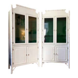 Vintage Chinoiserie White Green Lacquered Faux Bamboo Pagoda Top China Cabinets - a Pair For Sale