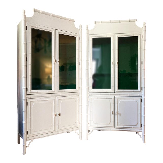 Vintage Chinoiserie White Green Lacquered Faux Bamboo Pagoda