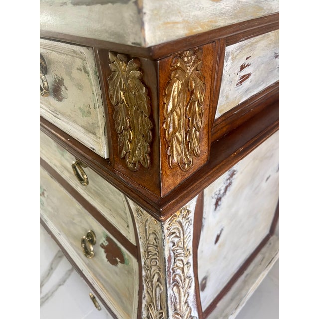 White Vintage Patinated Bombe Chest in Yellow Sage – Carved Details – French Provincial For Sale - Image 8 of 11