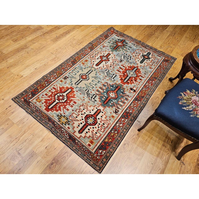 Sky Blue Caucasian Shirvan Area Rug, Handwoven Wool, Allover Geometric Design, 1920s, 4' x 6' For Sale - Image 8 of 18