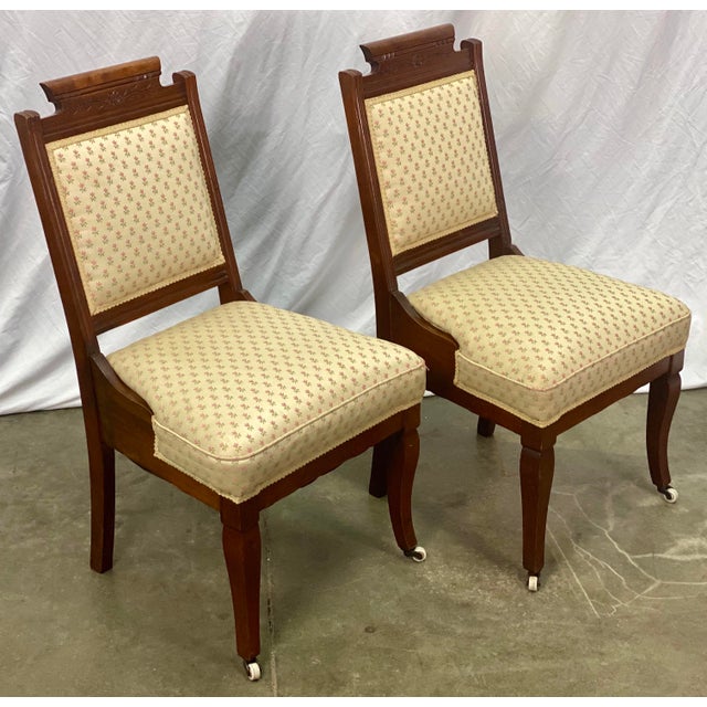 Antique Eastlake Style Floral Upholstered Accent Side Chairs Pair
