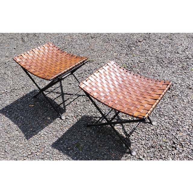 Vintage Iron and Leather Folding Stools a Pair For Sale - Image 10 of 10
