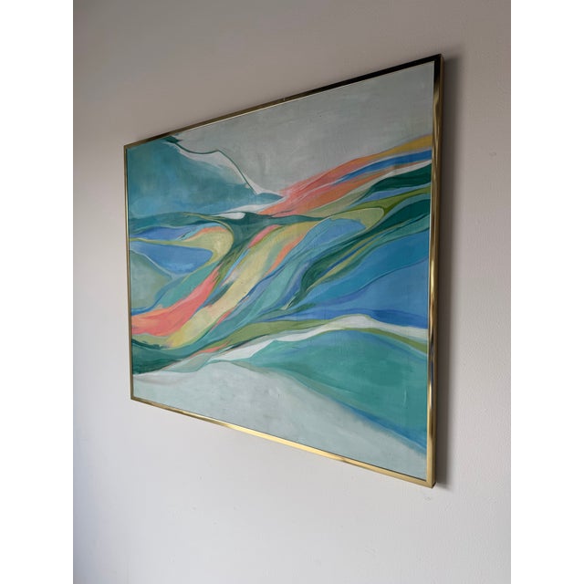 Mid-Century Modern 1970’s Vintage Expressionist Abstract Acrylic on Canvas Painting in Gold Aluminum Frame For Sale - Image 3 of 12