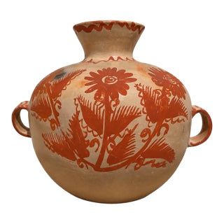 Vintage Mexican Folk Art Pottery Vase With Hand-Painted Terracotta Florals For Sale